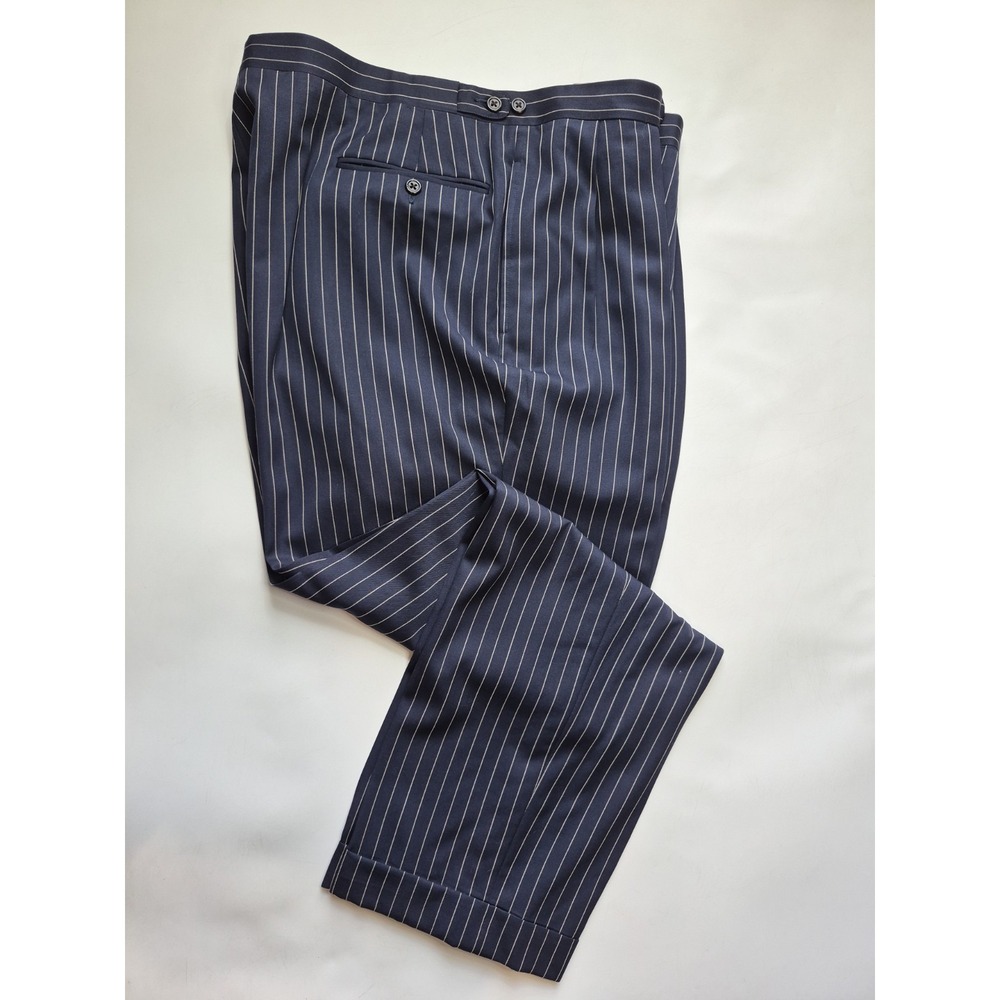 Lauren Ralph Lauren Mens Pleated Wool Dress Pants 42x30 Blue Pinstripe Beltless